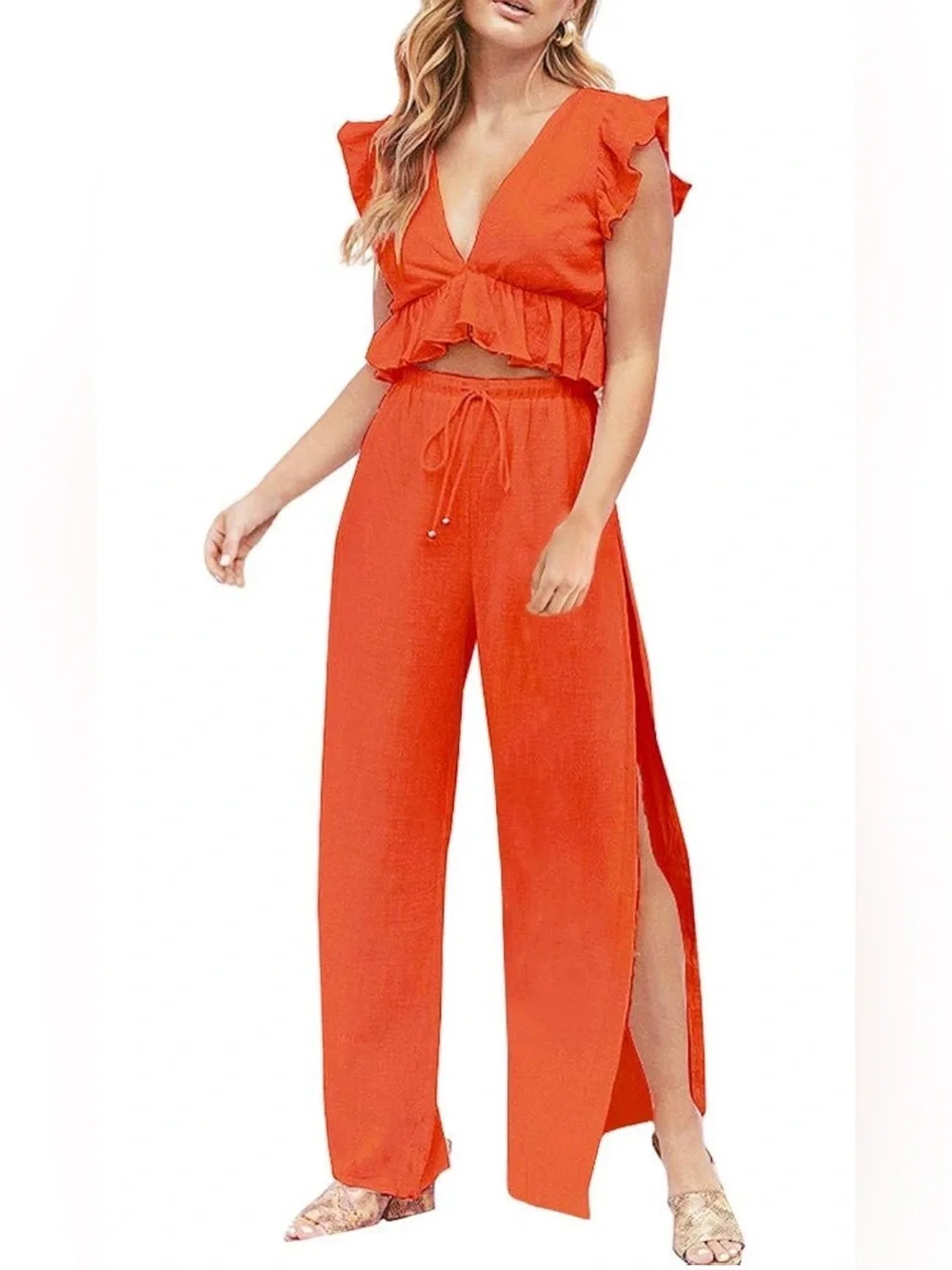 Fancyinn 2 Piece Deep V Neck Crop Top With Side Slit Drawstring Pants L Orange - Picture 1 of 9